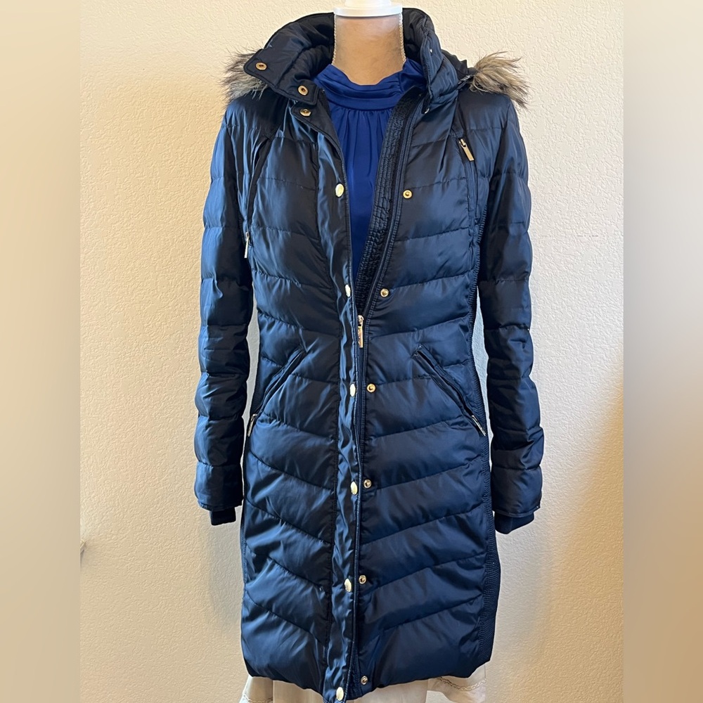 Michael Michael Kors Navy Puffer Coat with Faux Fur Trim